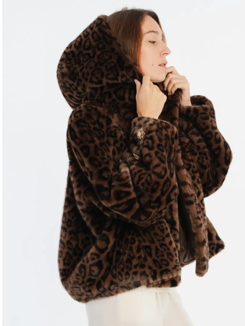 NWT Julia Paris Leopard Print Faux Fur Hooded Bomber Jacket